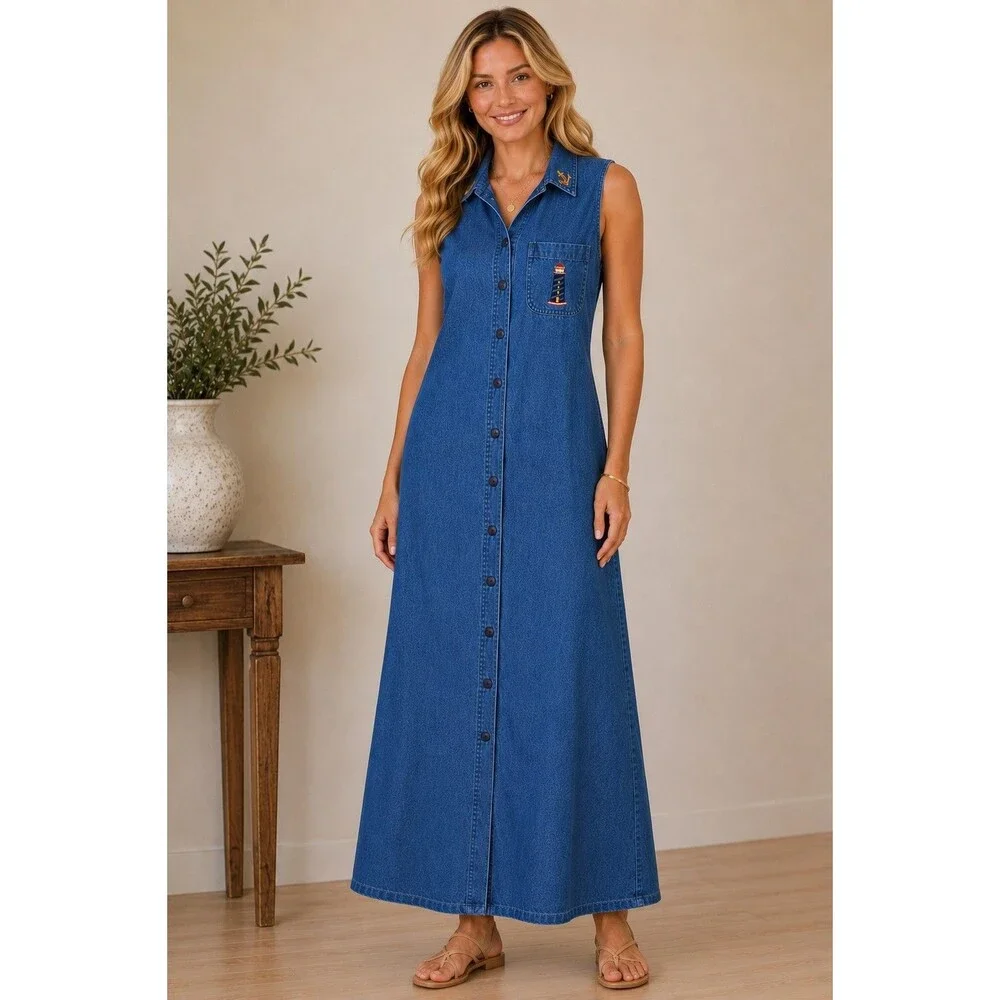 christopher and banks denim dress & | Dresses | Vintage Christopher Banks Maxi M Lighthouse Anchor Button Front Midi dress Color:YELLOW MULTI Trending Styles Teachers dress as “The 2% Spandex Care Instructions